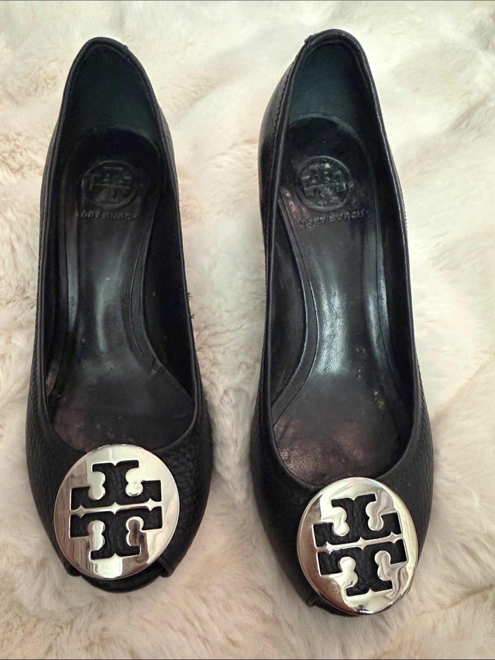 Tory Burch sally 2 peep toe  Black Leather Wedges with Silver Logo Medallion